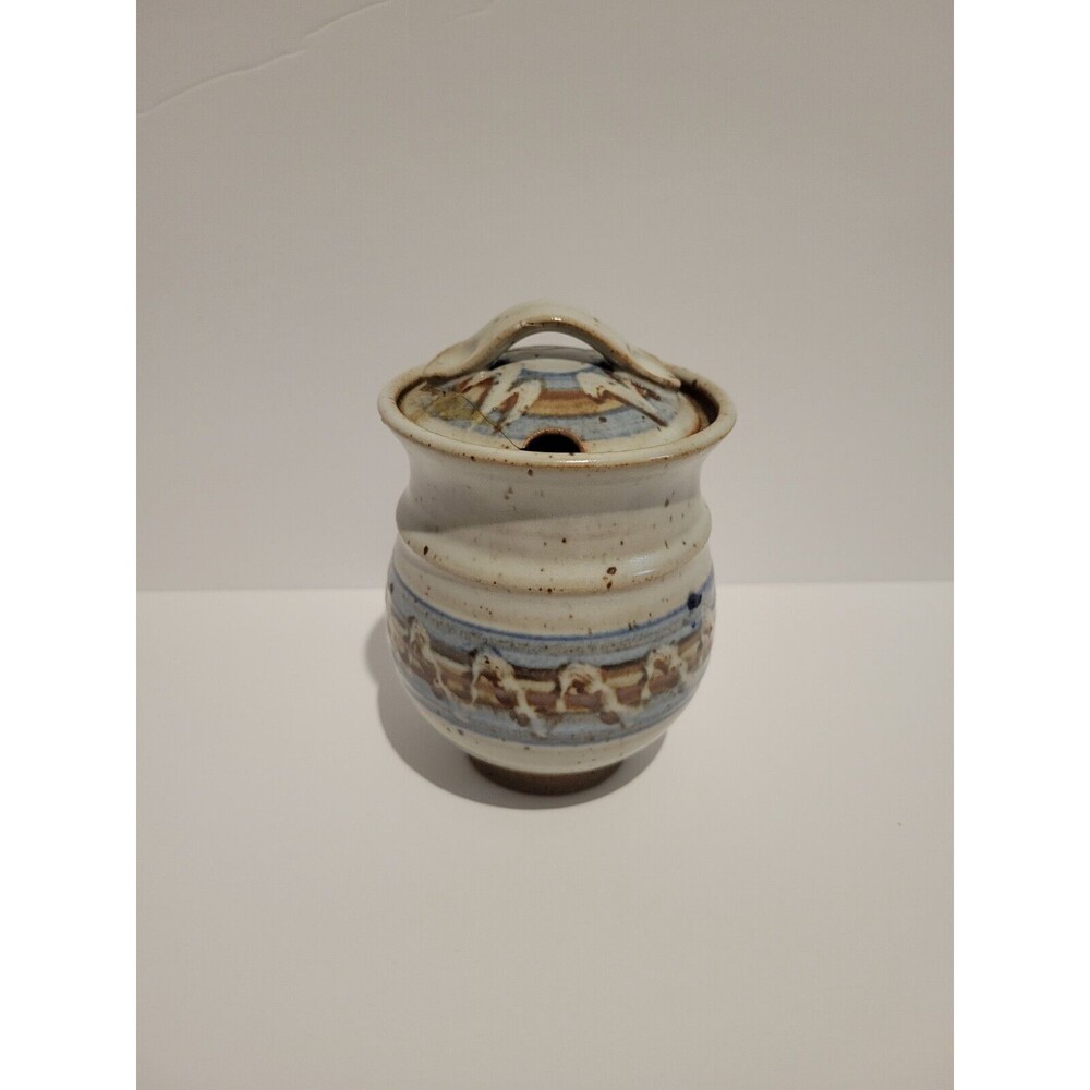Vintage Studio Art Pottery Honey Jar Sugar Jar with Lid Artist Signed